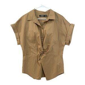 Tan Ralph Lauren Black Label Button Down Twist Women's Top Cotton Blend Size XL